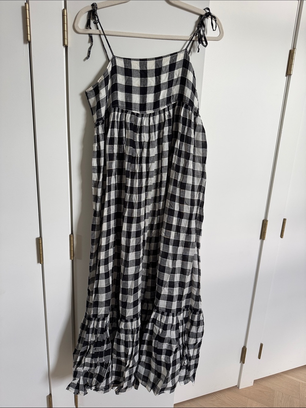 THE GREAT. Black and White Gingham Tie-Shoulder woman’s Dress